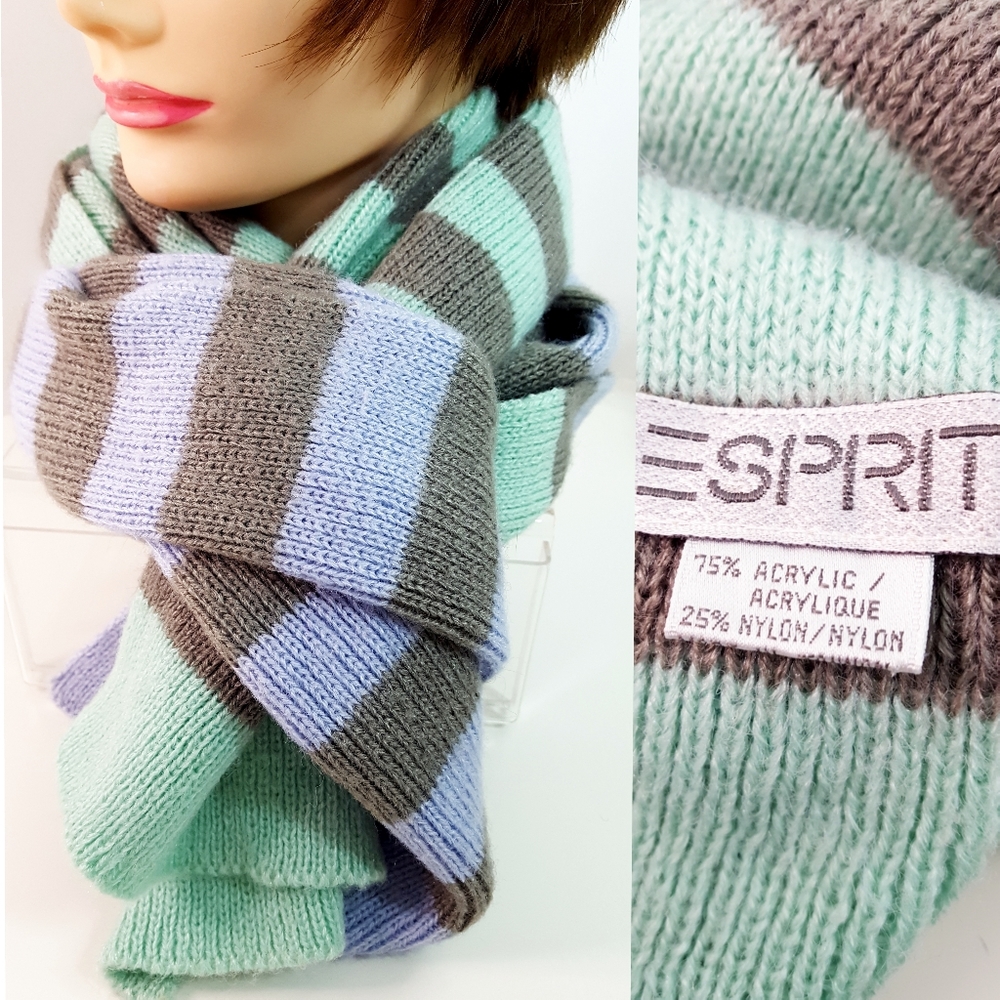 🔖Vtg 90's ESPRIT🎄Multicolor Stripes Knitted Chunky Long Winter Scarf
